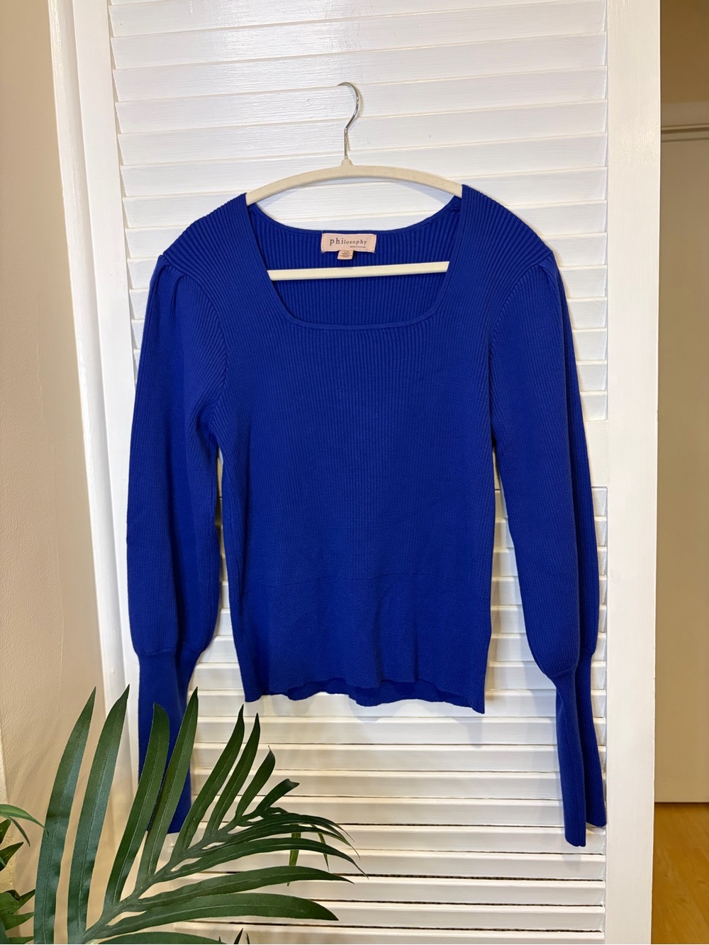 Philosophy Bright Blue Rib-Knit Puff Sleeve Pullover Sweater Stretch L